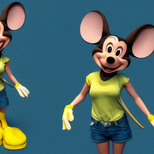 Prompt: 3 d render, portrait, upper body shot, mid shot, anthropomorphic mouse, female, wearing denim short shorts and a off yellow tank top shirt, in the style of disney's robin hood