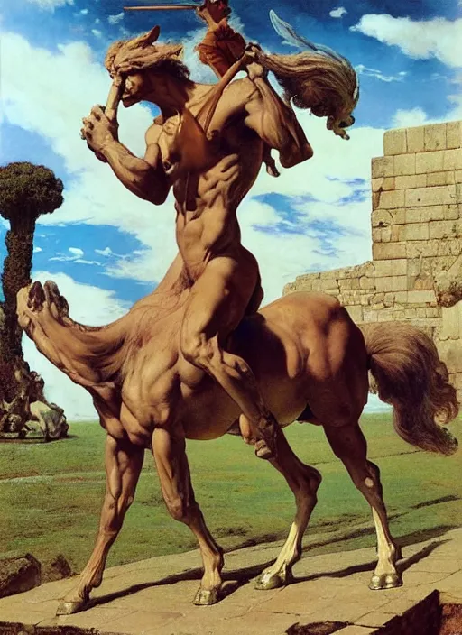 Image similar to full body portrait of a centaur beside greek temple, by boris vallejo and lawrence alma-tadema and simon bisley and greg manchess and zdzislaw beksinski and norman rockwell