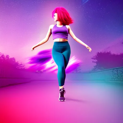 Image similar to a award winning full body shot of a beautiful woman in a croptop and leggings with a ombre purple pink teal hairstyle with head in motion and hair flying, outrun, vaporware, highly detailed, fine detail, intricate