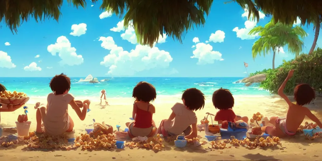 Image similar to a wholesome animation key shot of kids eating popcorn at a tropical beach, medium shot, waist up, studio Ghibli, Pixar and Disney animation, sharp, very detailed, high resolution, Rendered in Unreal Engine 5, anime key art by Greg Rutkowski, Bloom, dramatic lighting