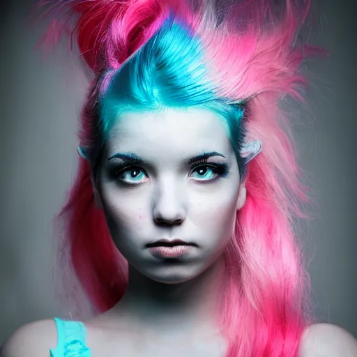 Image similar to a dramatic portrait photo of a beautiful young woman with cotton candy hair. with a little bit of cyan and pink