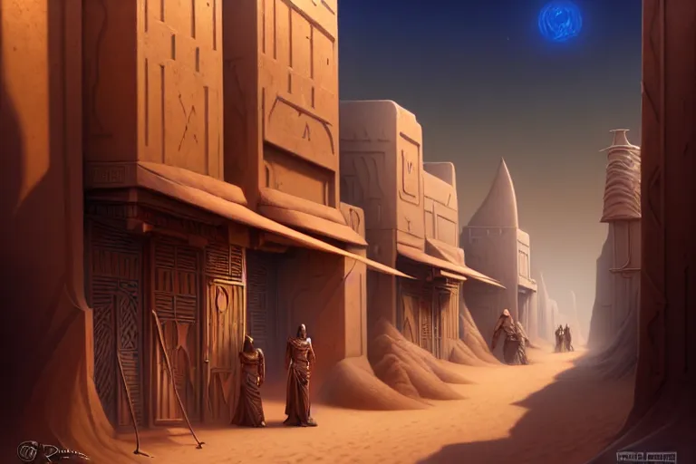 Image similar to a highly detailed bazaar street in the dune city of tyr from the land of athas, amazing dark sun digital painting, by gerald brom, brom digital art, intricate details, ultra realistic, beautiful art, volumetric lighting, stylized cell shading, warm colors advance cool colors recede, by brom, trending cgsociety, artstation, rim lighting, 8 k