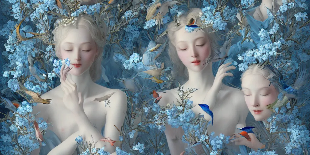 Image similar to breathtaking detailed concept art painting art deco pattern of blonde faces goddesses amalmation light - blue flowers with anxious piercing eyes and blend of flowers and birds, by hsiao - ron cheng and john james audubon, bizarre compositions, exquisite detail, extremely moody lighting, 8 k