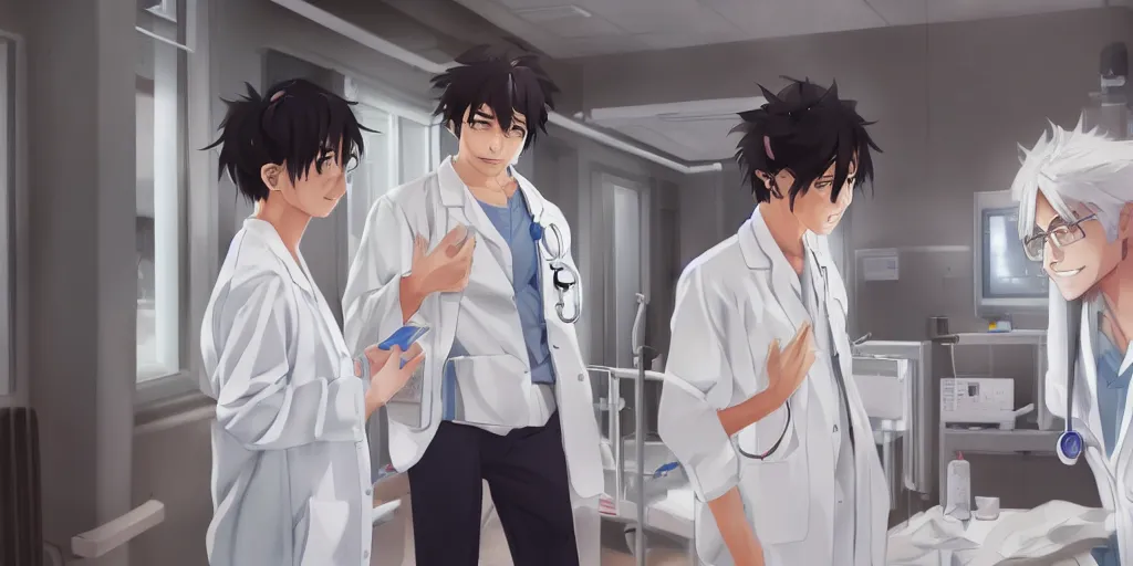 Image similar to a cute and beautiful young female doctor wearing white coat are talking with a handsome young man wearing white coat in a hospital ward, highly detailed, digital painting, slice of life anime, illustration, anime scenery by Makoto shinkai