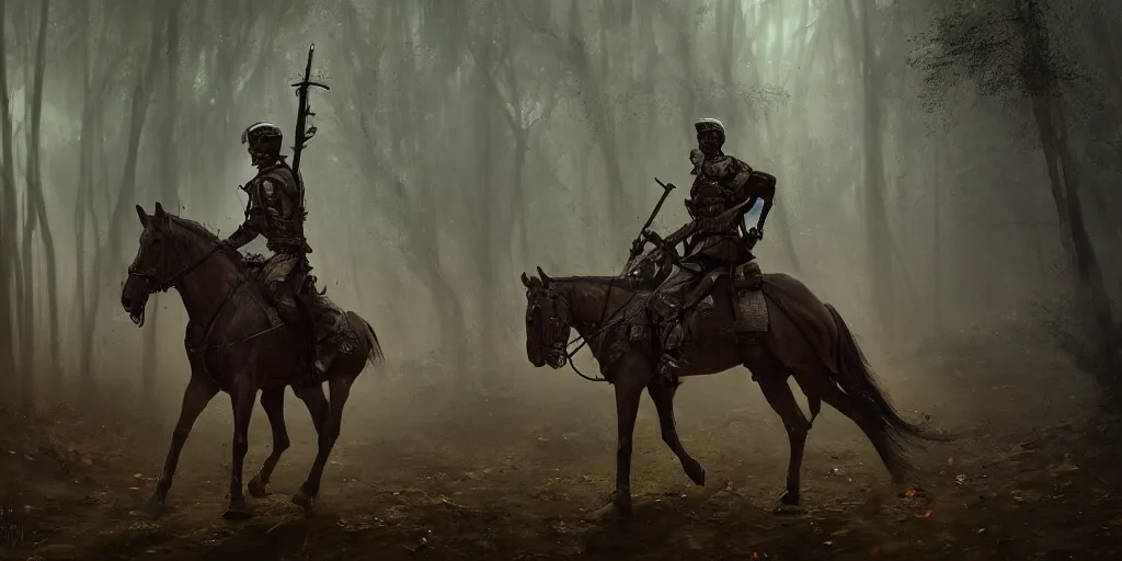 Image similar to headless soldier in mughal armor riding a horse in a dark forest, horror, cinematic composition, a fantasy digital painting by Greg Rutkowski and James Gurney, trending on Artstation, highly detailed, hyperrealistic, realistic, photorealistic, dynamic lighting, highly detailed, cinematic landscape, studio landscape, studio lighting