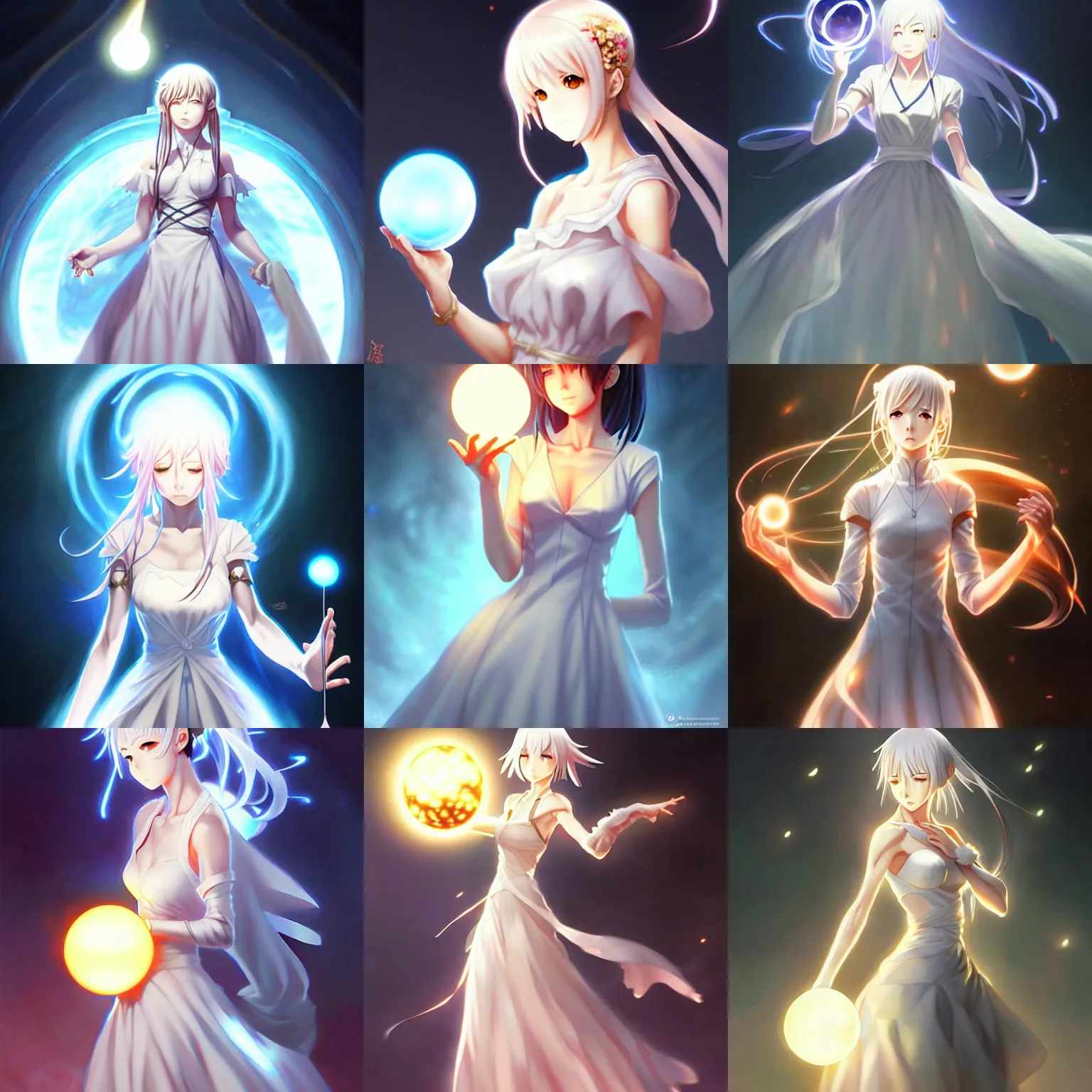 Prompt: anime, official art, a woman in a white dress holding a glowing ball!!!!!!!!!!!!!, a detailed painting by ross tran and stanley artgerm lau, fantasy art, featured on deviantart, 2 d game art