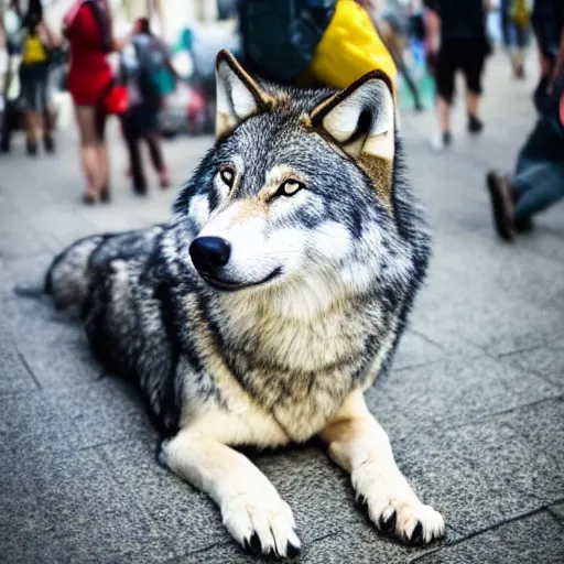 Image similar to portrait of a wolf fursuiter at a furry convention, outdoors in the city, realisitc photo