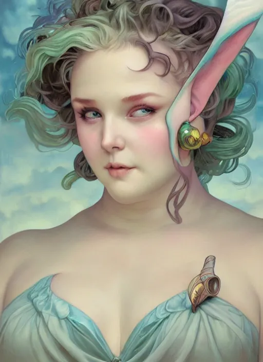 Image similar to a chubby elf woman with pointed ears, wearing a white sundress, rainbow pastel clouds for hair, realistic painting by ross tran and gerald brom and alphonse mucha, artgerm, trending on artstation