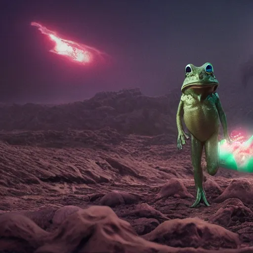 Image similar to a frog kaiju alien on a desolace planet, legendary epic shot, blade runner, by artgerm, julie bell, beeple and Greg Rutkowski, 90s, concept, Smooth gradients, octane render, 8k, High contrast, duo tone, depth of field, volumetric lightning, photo, very coherent artwork