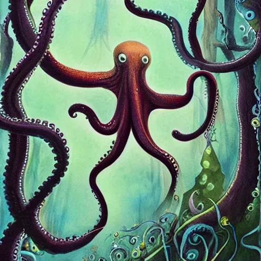 Image similar to a painting of an octopus in the woods, a storybook illustration by Daniel Merriam, featured on deviantart, fantasy art, lovecraftian, storybook illustration, biomorphic