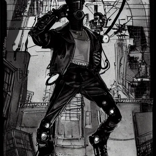 Image similar to cyborg male, slim, short hair, small scar on the chin, leather jacket with steampunk elements, one robotic arm and big shoes, book cover, deep shadows, by Dave McKean sketch lineart for character design