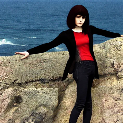 Image similar to 1 7 - year - old pale - skinned persian girl with black long bob cut, long bangs, black gothic jacket, black jeans, psychic girl, psychokinetic girl, standing on cliff along the irish coast, overcast gray skies, ultra - realistic, sharp details, subsurface scattering, intricate details, art by william - adolphe bouguereau