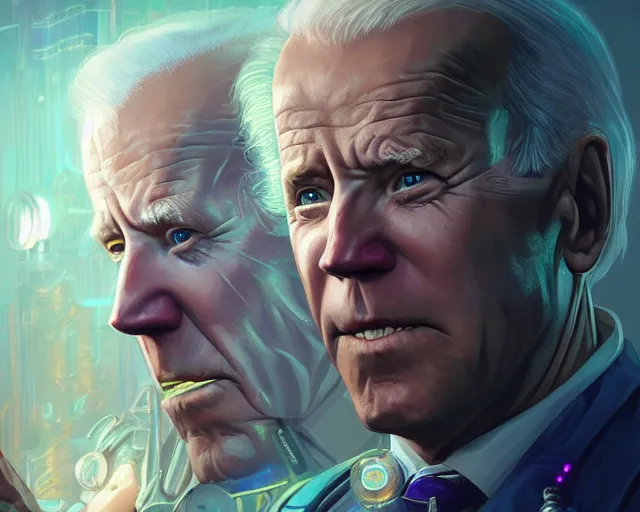 Image similar to oldman joe biden with cyberpunk implants, deep focus, d & d, fantasy, intricate, elegant, highly detailed, digital painting, artstation, concept art, matte, sharp focus, illustration, hearthstone, art by artgerm and greg rutkowski and alphonse mucha