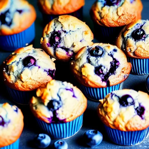 Prompt: the most delicious closeup macro photograph of a blueberry muffin, looks amazing and delicious, sugar crusted, baked to perfection juicey delicious blueberry mix