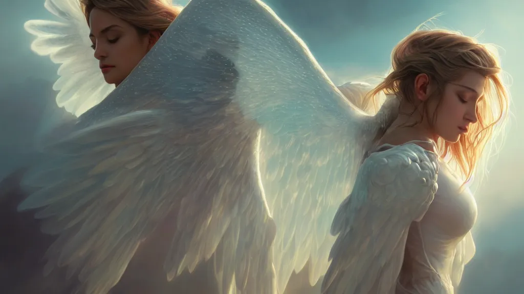 Image similar to one angel, big wings, low key light, full plate armor with cloth, f 1 6, bokeh, extreme close up portrait, gentle, female, mountain, storm, god rays, landscape, d & d, fantasy, elegant, teal pink white gold color palette, concept art, artgerm and greg rutkowski and alphonse mucha