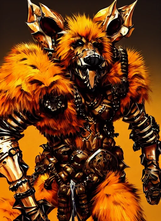 Image similar to Full body portrait of tall gnoll in golden armour and orange fur. In style of Yoji Shinkawa and Hyung-tae Kim, trending on ArtStation, dark fantasy, great composition, concept art, highly detailed, dynamic pose.