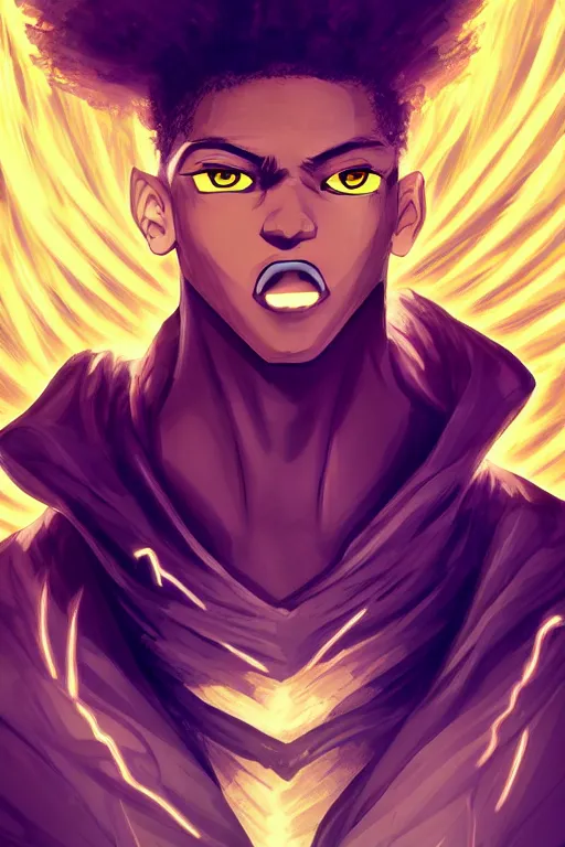 Image similar to golden glowing black male anime character, blonde hair, yellow eyes, symmetrical, highly detailed, digital art, sharp focus, trending on art station, crazy hair, electricity everywhere