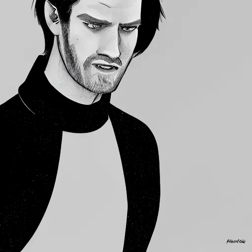 Prompt: guy with brown hair looking back, narrow chin, thin face in a white shirt, black turtleneck, digital art, 8 k, character, realism, portrait