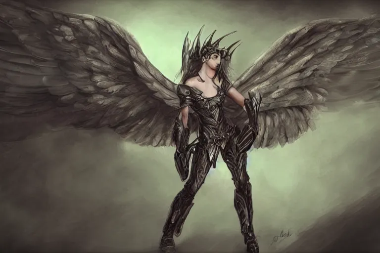 Image similar to concept art, woman angel in armor, large wingspan, dramatic pose, full color digital art