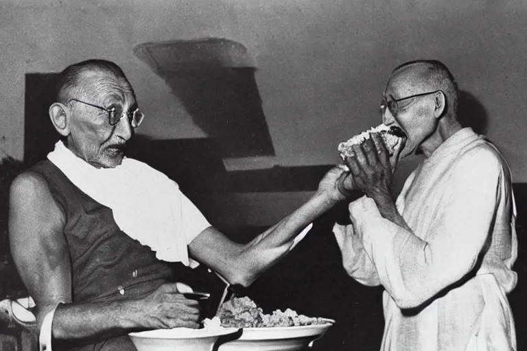 Image similar to candid photograph of ghandi secretly eating a bucket of kfc