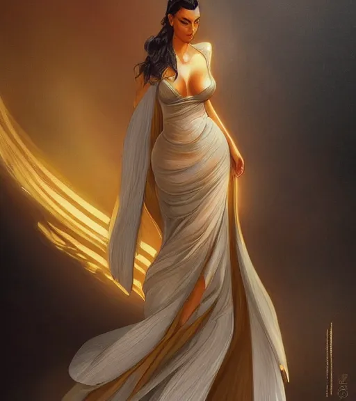 Image similar to kim kardashian wearing a golden dress, grey hair, red necktie, cinematic, stunning, highly detailed, digital painting, artstation, smooth, hard focus, full body shot, illustration, art by artgerm and greg rutkowski and alphonse mucha