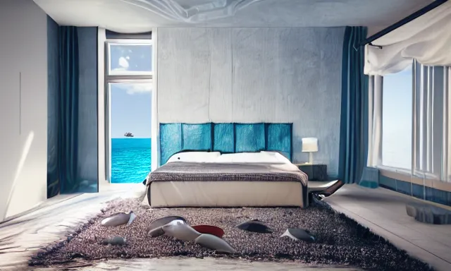 Prompt: underwater bedroom, photorealistic magazine picture, studio lighting, cozy, extremely detailed and realistic