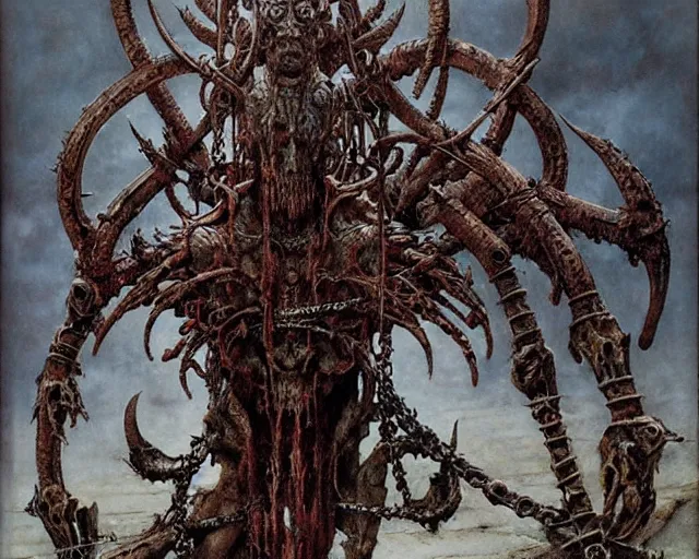 Prompt: Ancient blood-leaking cultic ritual totem made of horns and thorns, flesh and steel chains by kostnice czech, Beksinski, Arthur Rackham, Eugene de Blaas, Dariusz Zawadzki, Wayne Barlowe