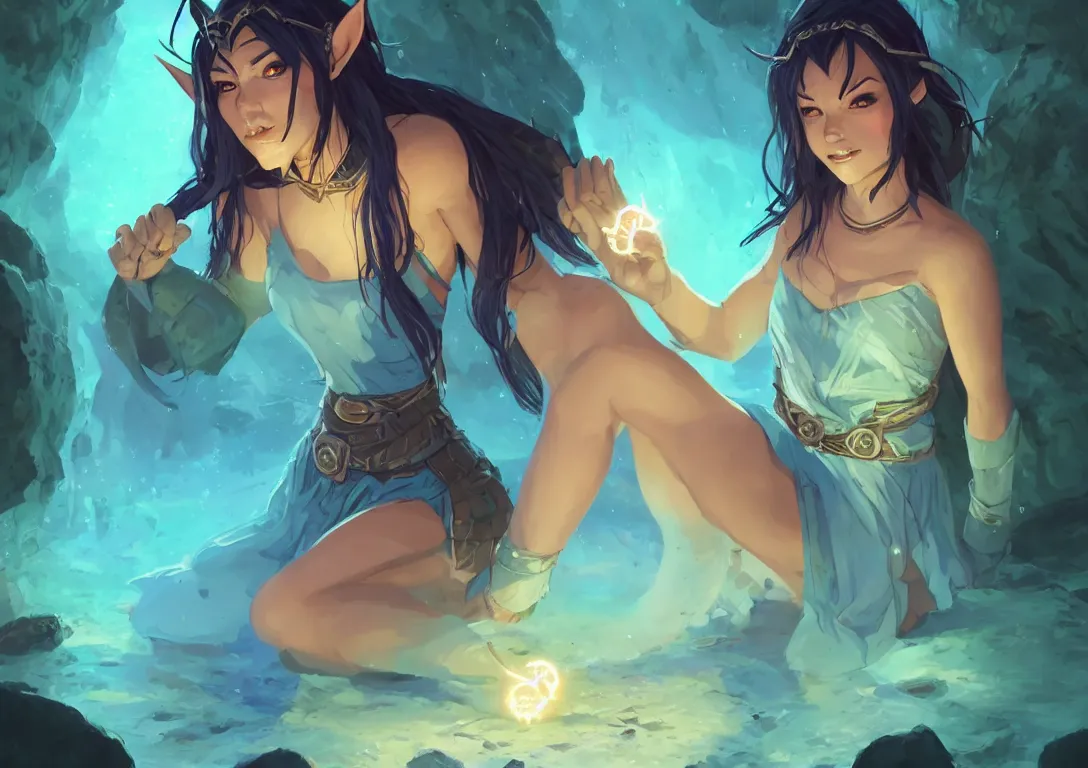 Image similar to half orc half elf woman, beautiful face and small orc tusks, holding a glowing diamond, tropical mage dress with high slit, several layers of fabric, sitting in glowing blue water in a cave, by ilya kuvshinov, krenz cushart, Greg Rutkowski, trending on pixiv