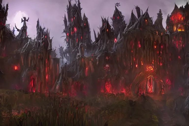 Image similar to big evil fairy castle - city rock dark shadow elves, might and magic heroes 7, dark fantasy, shadows, artstation trending, unreal engine 5, red