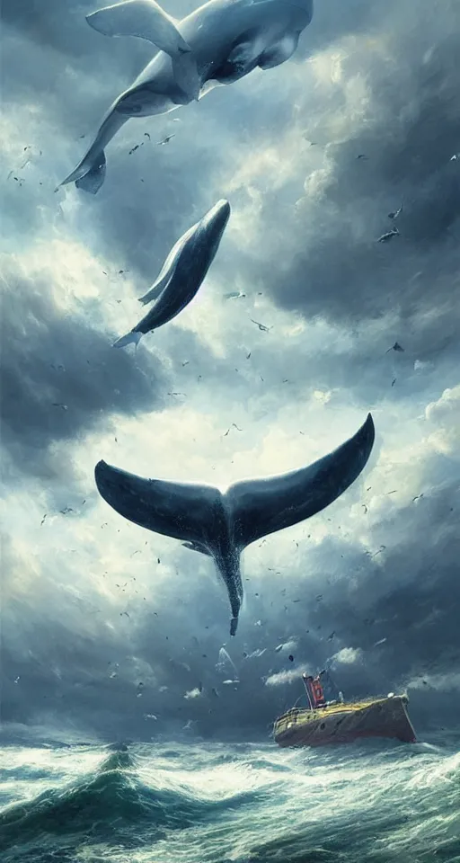 Image similar to flying whale attack Newyork city ,digital art,ultra realistic,ultra detailed, ultra wide Lens, art by greg rutkowski