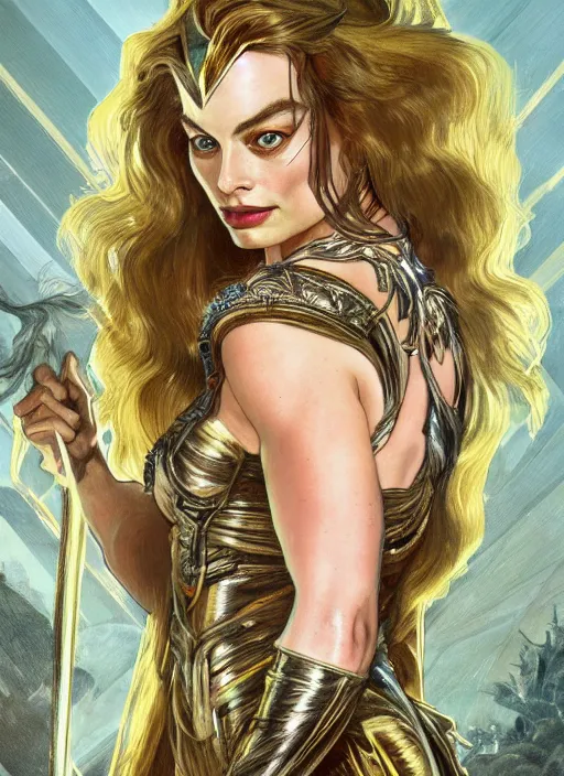 Image similar to Margot Robbie as God of Mischief, brutal, epic, intricate, elegant, highly detailed, digital painting, 4k, HDR, concept art, smooth, sharp focus, illustration, art by alphonse mucha,artgerm, H R Giger