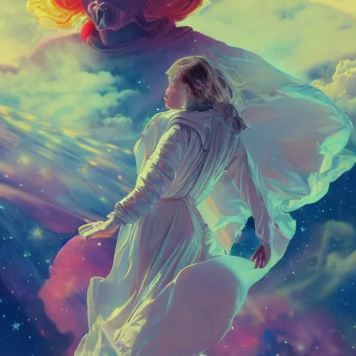 Prompt: over the cloud there is a cosmic girl, she isColorful astronaut, flowing robe, floating , colorful nebula, derelict space ship, science fiction spaceman, space, futuristic spacesuit, cover art, cinematic, highly detailed, strong line work, Alphonse Mucha, John Harris, 4k render, 4k post, hyper detailed