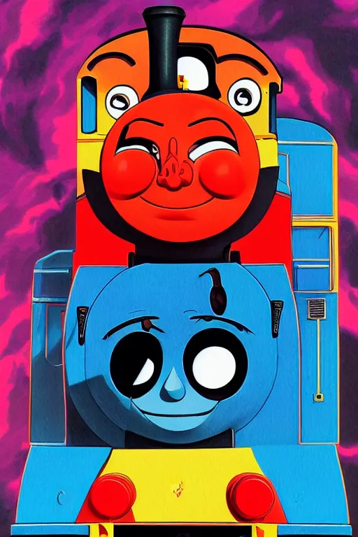 Image similar to concept art painting of a satanic thomas the tank engine, artgerm, moebius, inio asano, toon shading, cel shading, vaporwave colors,