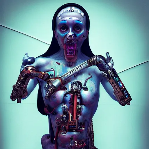 Image similar to the blasphemous caricature of the human body, cyborg, hyperealistic detailed photography, divinity, awful, religious art, cyberpunk