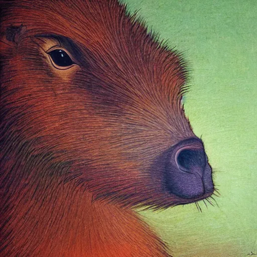 Image similar to sauve capybara wearing formal attire, portrait, painting, vivid colours, Renaissance, detail, da vinci