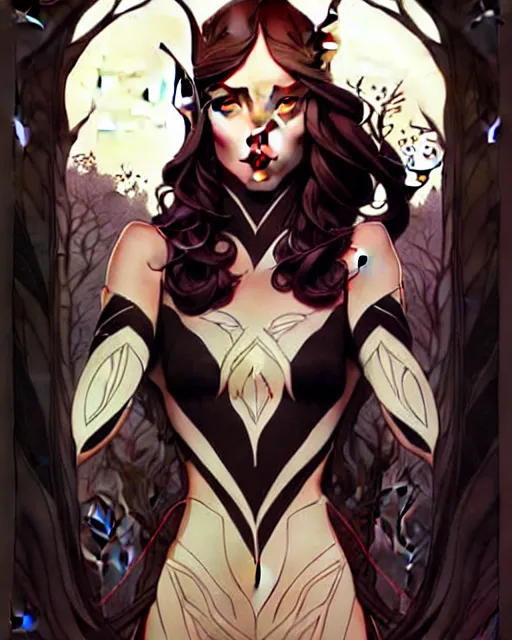 Image similar to artgerm, joshua middleton comic cover art, full body pretty female elven wood elf, symmetrical eyes, symmetrical face, long curly black hair, beautiful forest, rim lighting