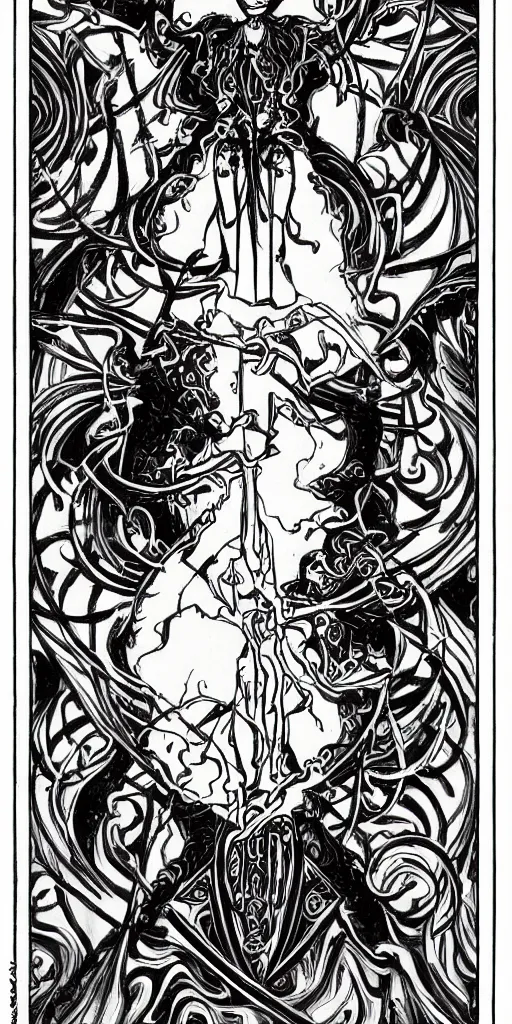 Image similar to a beautiful black and white fractal tarot card featuring bold occult imagery with clean lines. female demon.