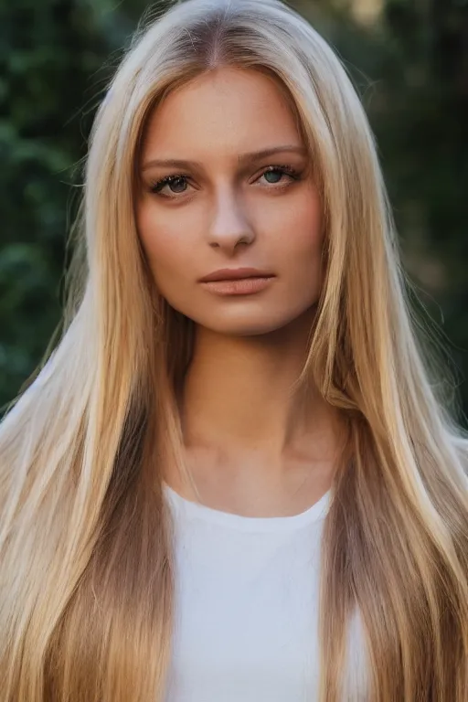 Image similar to head shot photo of a olive skinned blonde female model in her twenties, silky straight hair, wearing a designer top, looking content, photo realistic, extreme detail skin, natural beauty, no filter, slr, golden hour, 4 k, high definition, selfie