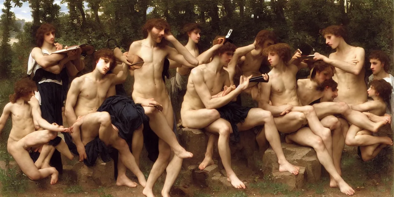 Image similar to a large group of pre - raphaelite athletic males wearing headset holding macbook! by bouguereau