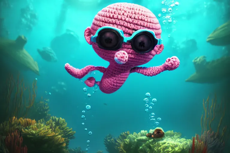 Image similar to a baby crochetbunny diving underwater. cute, illustration, digital art, inspired by little big planet, by greg rutkowski, sharp, masterpiece, highly detailed, photorealistic, octane render, 8 k, unreal engine 5, trending on artstation, vivid colors