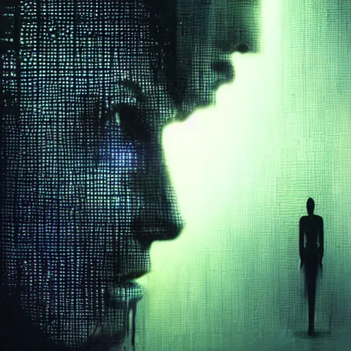 Image similar to expressive portrait of the digitally glitched soul, data, dramatic lighting, god rays, edges, universal background, facial expression, atmospheric lighting, motion design, by Beksinski, maze, sharp focus