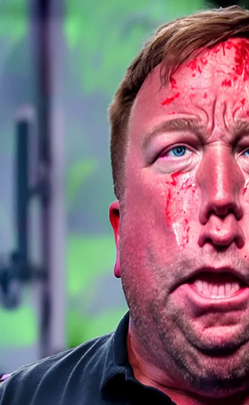 Image similar to photograph of alex jones red faced sweating and crying, he has lost everything