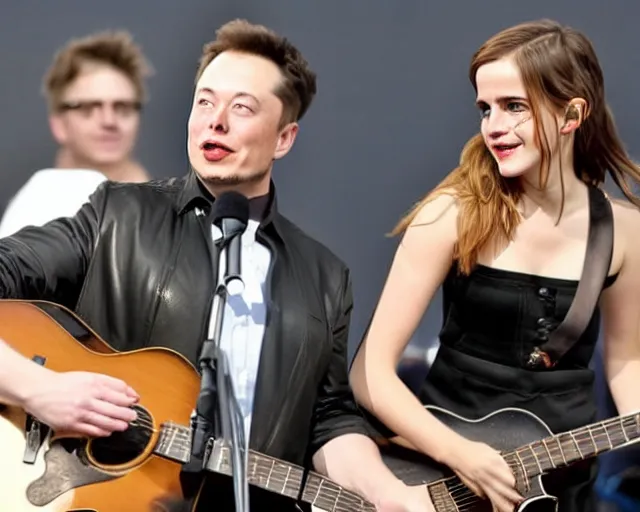 Image similar to elon musk & emma watson performing at woodstock