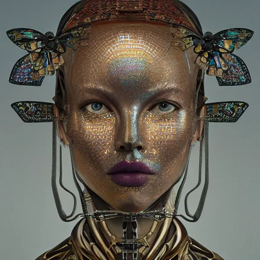 Prompt: a baroque neoclassicist closeup renaissance portrait of a robot queen with moth wings with iridescent geometric patterns, reflective detailed textures, dark fantasy science fiction painting by diego rivera and jean delville and nicholas roerich and sam spratt and dulac, dramatic lighting, gleaming silver and soft muted colors, artstation, octane render