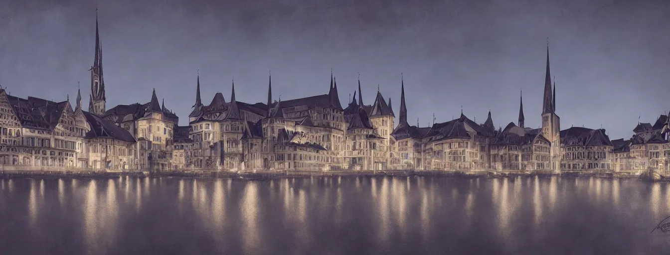 Image similar to Digital painting of Neo-Gothic Zurich, Limmat and the lake at night, wide angle, volumetric light, hyperdetailed, Alsp in the background, artstation, cgsociety, 8k