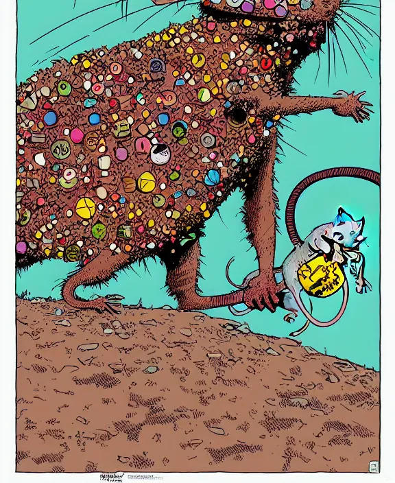 Image similar to a rat in the style of geof darrow, colorful