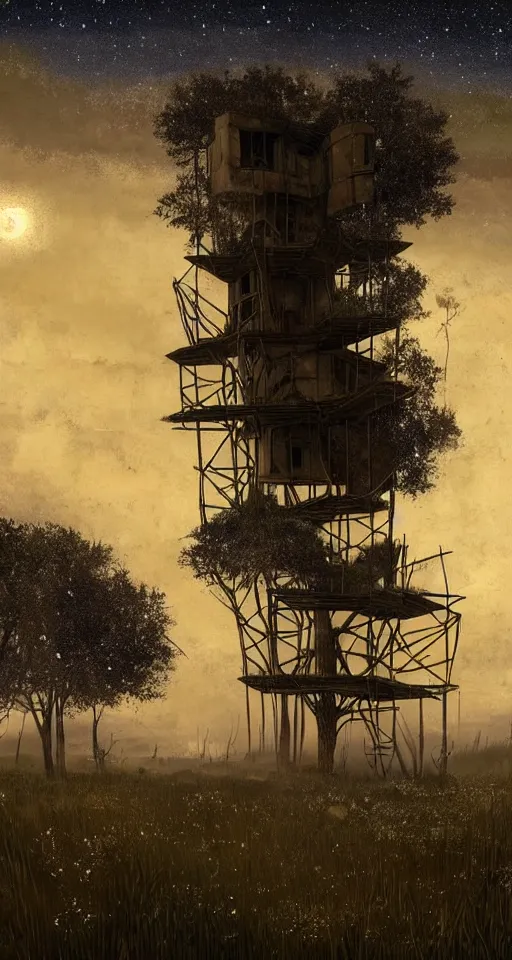 Prompt: close - up, dark deep night, stars shining, tree - house, broken building constructions of a giant staircase for multiple cases, leading to the sky, the ruins, in the steppe, summer field, from the game pathologic 2, highly detailed, sharp focus, matte painting, by isaac levitan and asher brown durand,