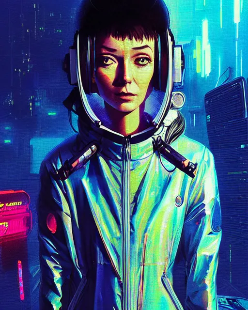 Image similar to detailed portrait of European Dispatcher Pilot girl Sheen Holographic coat, Futuristic sci-fi fashion Akira, Evangelion, cyberpunk, neotokyo, synthwave, aesthetics, futuristic, bladerunner movie scene by ismail inceoglu dragan bibin hans thoma greg rutkowski Alexandros Pyromallis Nekro Rene Margitte illustrated Perfect face, fine details, realistic shaded, fine-face, pretty face sharp chine