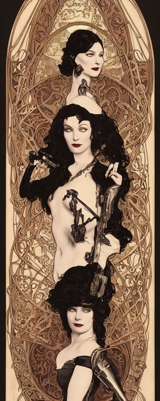 Image similar to a beautiful sensual ironpunk art nouveau style portrait of morticia adams as a rebel soldier by chris achilleos, moebius, olivia de bernardinis and alphonse mucha, photorealism, extremely hyperdetailed, perfect symmetrical facial features, perfect anatomy, ornate declotage, weapon, high technical detail, confident expression, wry smile