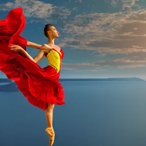 Prompt: beautiful modern dancer wearing a red and yellow and blue swirling dress, standing on a Santorini terrace looking down into the ocean, trending on artstation, cinematic, photorealistic